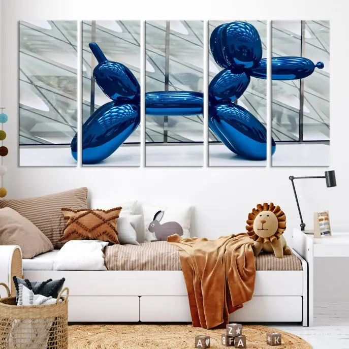 The modern living room features the "Balloon Dogs Painting Wall Art Canvas Print," showcasing a large artwork of a blue balloon dog on museum-quality canvas with UV-protective coating.