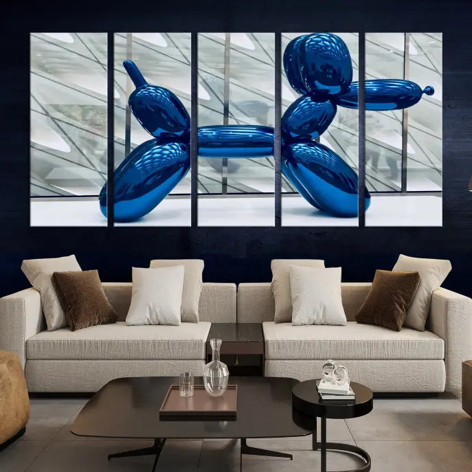 The modern living room features the "Balloon Dogs Painting Wall Art Canvas Print," showcasing a large artwork of a blue balloon dog on museum-quality canvas with UV-protective coating.