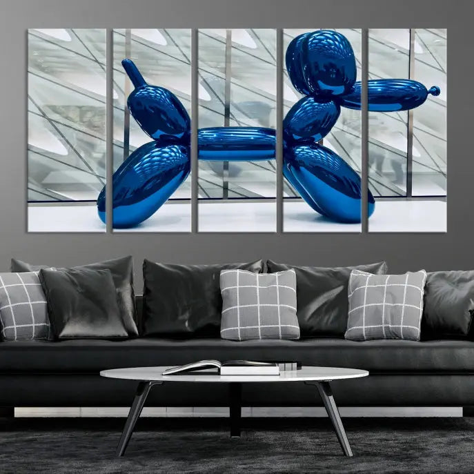 The modern living room features the "Balloon Dogs Painting Wall Art Canvas Print," showcasing a large artwork of a blue balloon dog on museum-quality canvas with UV-protective coating.