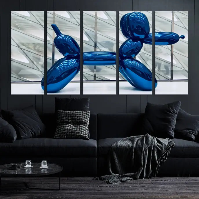 The modern living room features the "Balloon Dogs Painting Wall Art Canvas Print," showcasing a large artwork of a blue balloon dog on museum-quality canvas with UV-protective coating.