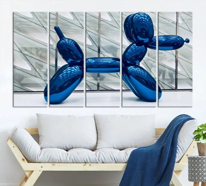 The modern living room features the "Balloon Dogs Painting Wall Art Canvas Print," showcasing a large artwork of a blue balloon dog on museum-quality canvas with UV-protective coating.