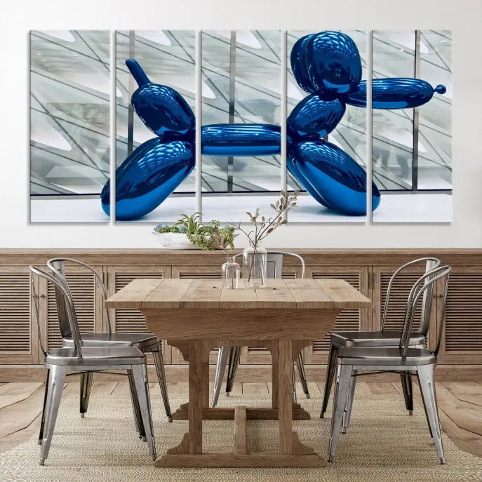 The modern living room features the "Balloon Dogs Painting Wall Art Canvas Print," showcasing a large artwork of a blue balloon dog on museum-quality canvas with UV-protective coating.