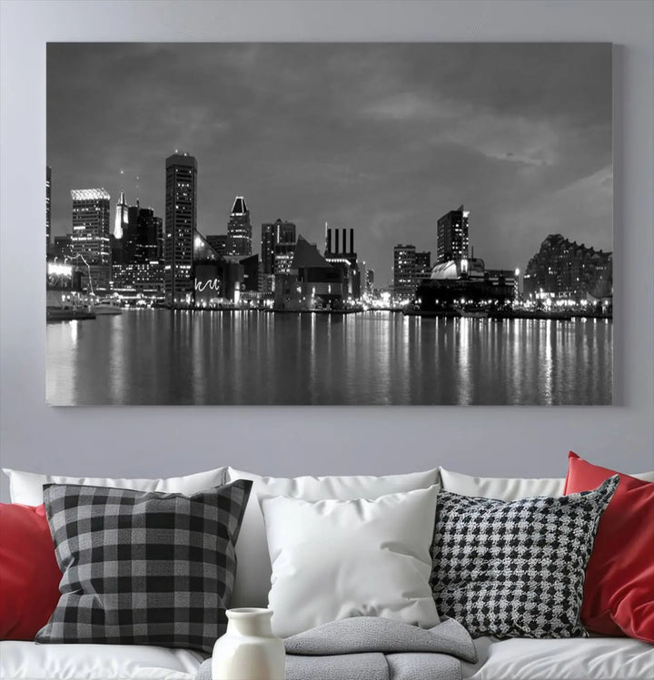 The "Baltimore City Black and White Wall Art Cityscape Canvas Print" is a stylish triptych depicting a city skyline, perfect as an elegant touch to your space. These museum-quality canvas prints are meticulously crafted with a UV-protective coating to ensure durability.