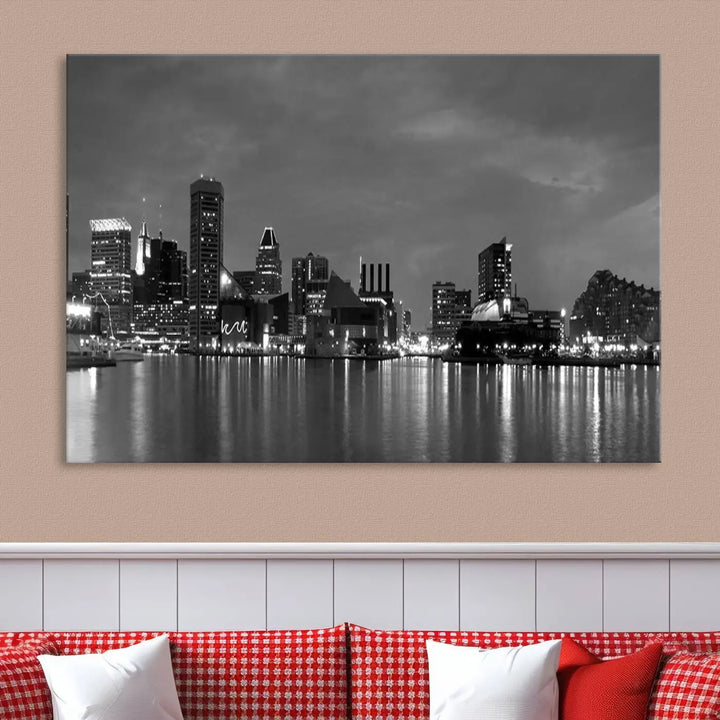 The "Baltimore City Black and White Wall Art Cityscape Canvas Print" is a stylish triptych depicting a city skyline, perfect as an elegant touch to your space. These museum-quality canvas prints are meticulously crafted with a UV-protective coating to ensure durability.