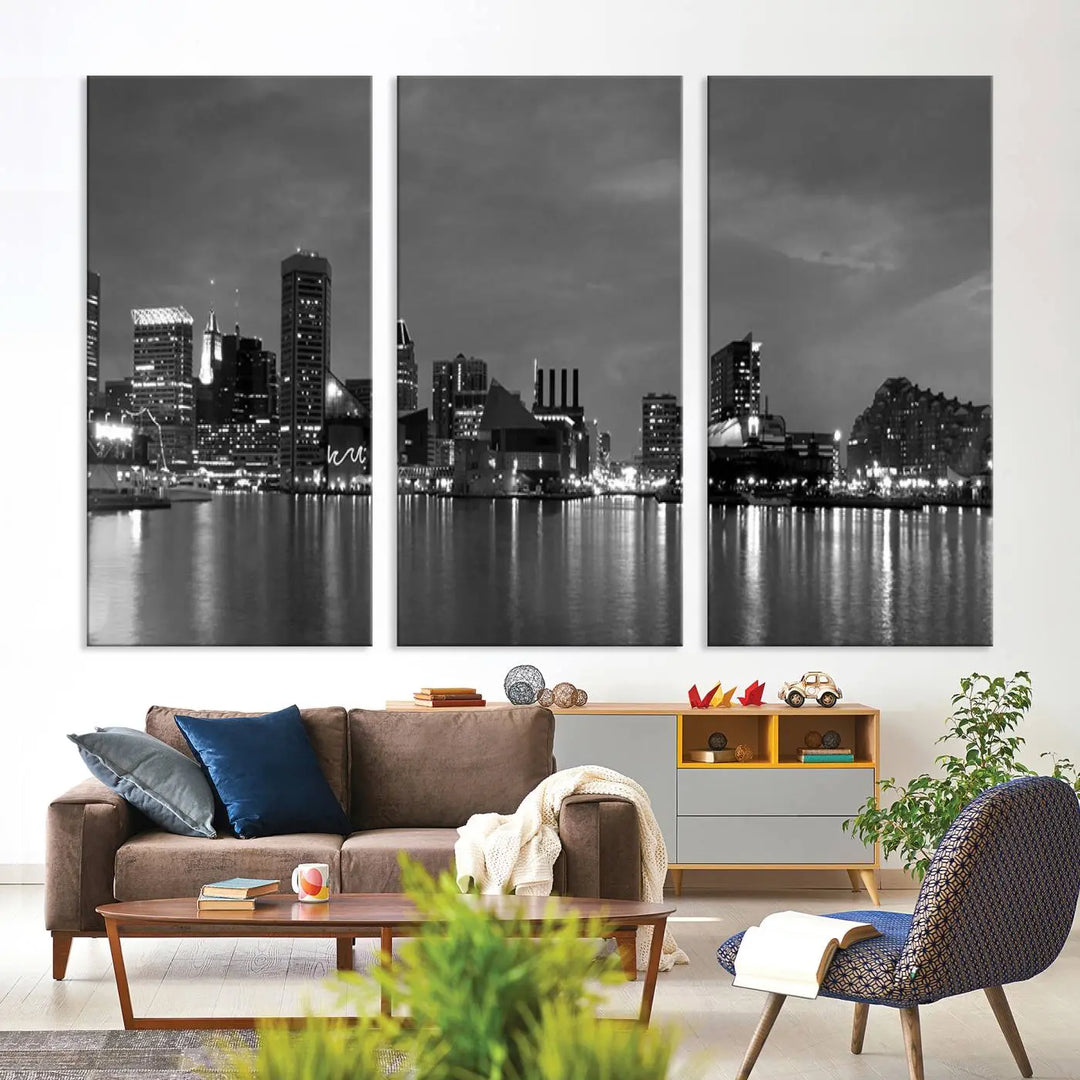 The "Baltimore City Black and White Wall Art Cityscape Canvas Print" is a stylish triptych depicting a city skyline, perfect as an elegant touch to your space. These museum-quality canvas prints are meticulously crafted with a UV-protective coating to ensure durability.