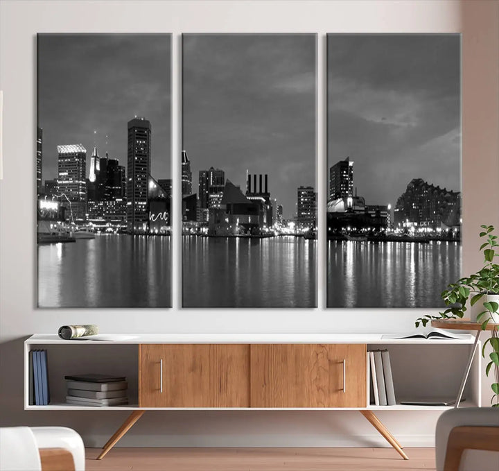 The "Baltimore City Black and White Wall Art Cityscape Canvas Print" is a stylish triptych depicting a city skyline, perfect as an elegant touch to your space. These museum-quality canvas prints are meticulously crafted with a UV-protective coating to ensure durability.