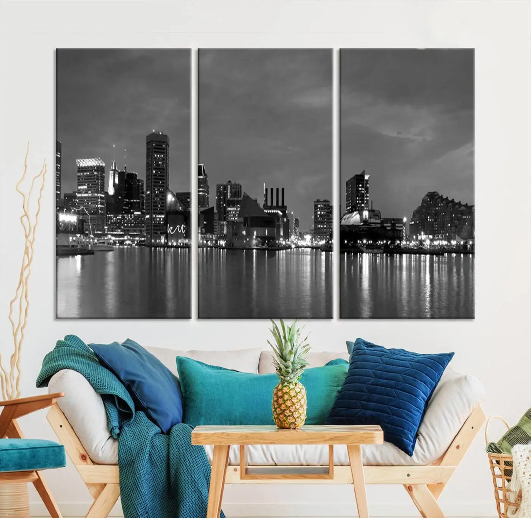 The "Baltimore City Black and White Wall Art Cityscape Canvas Print" is a stylish triptych depicting a city skyline, perfect as an elegant touch to your space. These museum-quality canvas prints are meticulously crafted with a UV-protective coating to ensure durability.