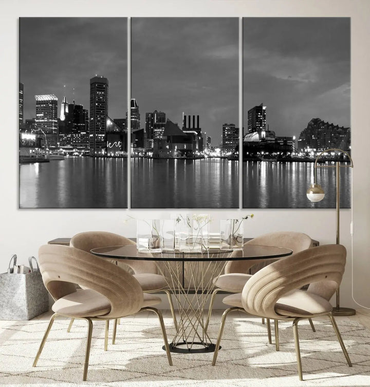 The "Baltimore City Black and White Wall Art Cityscape Canvas Print" is a stylish triptych depicting a city skyline, perfect as an elegant touch to your space. These museum-quality canvas prints are meticulously crafted with a UV-protective coating to ensure durability.