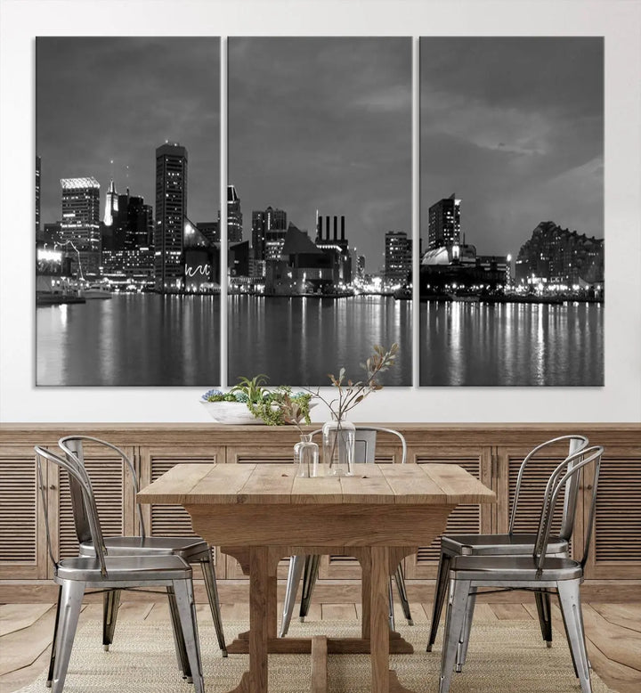 The "Baltimore City Black and White Wall Art Cityscape Canvas Print" is a stylish triptych depicting a city skyline, perfect as an elegant touch to your space. These museum-quality canvas prints are meticulously crafted with a UV-protective coating to ensure durability.