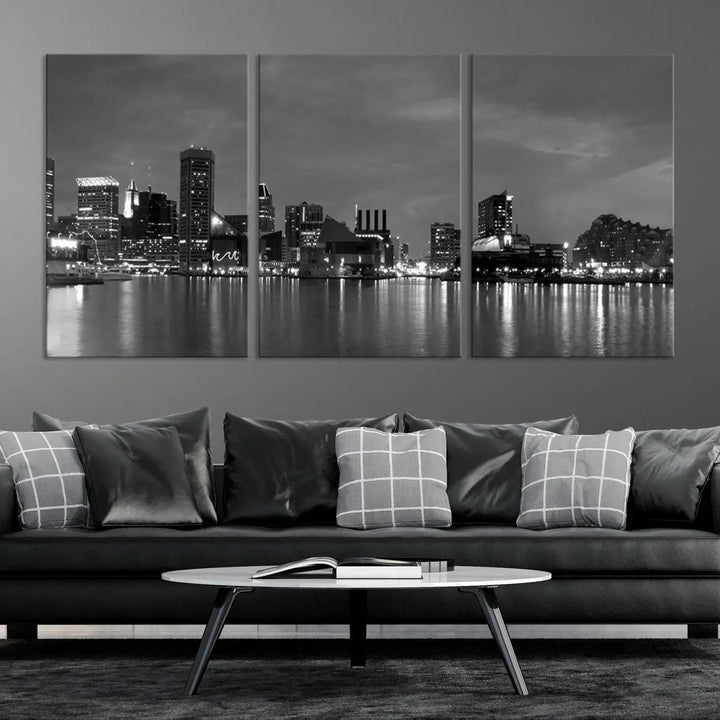 The "Baltimore City Black and White Wall Art Cityscape Canvas Print" is a stylish triptych depicting a city skyline, perfect as an elegant touch to your space. These museum-quality canvas prints are meticulously crafted with a UV-protective coating to ensure durability.