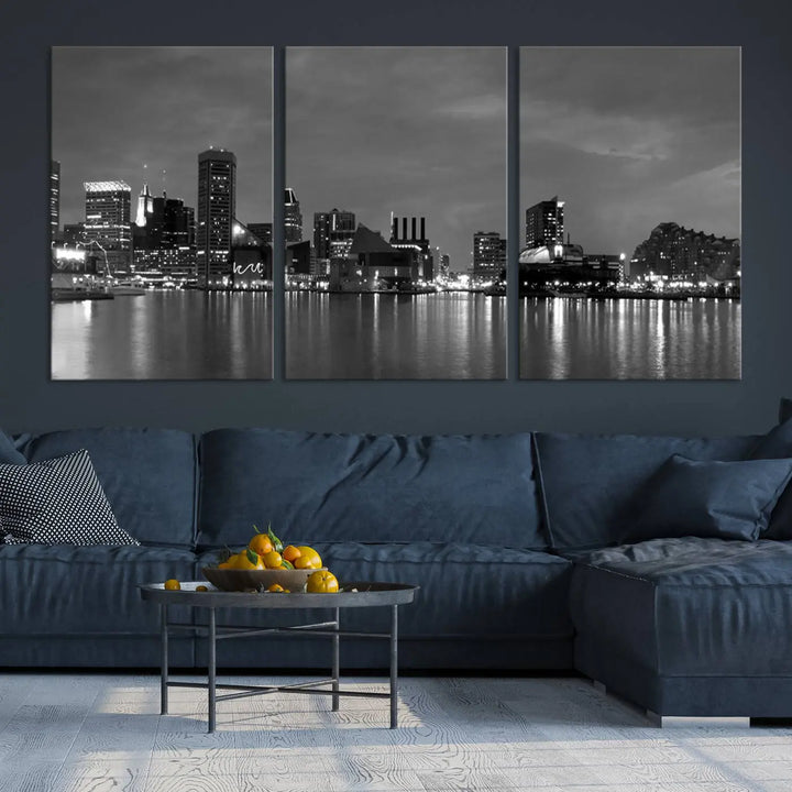 The "Baltimore City Black and White Wall Art Cityscape Canvas Print" is a stylish triptych depicting a city skyline, perfect as an elegant touch to your space. These museum-quality canvas prints are meticulously crafted with a UV-protective coating to ensure durability.