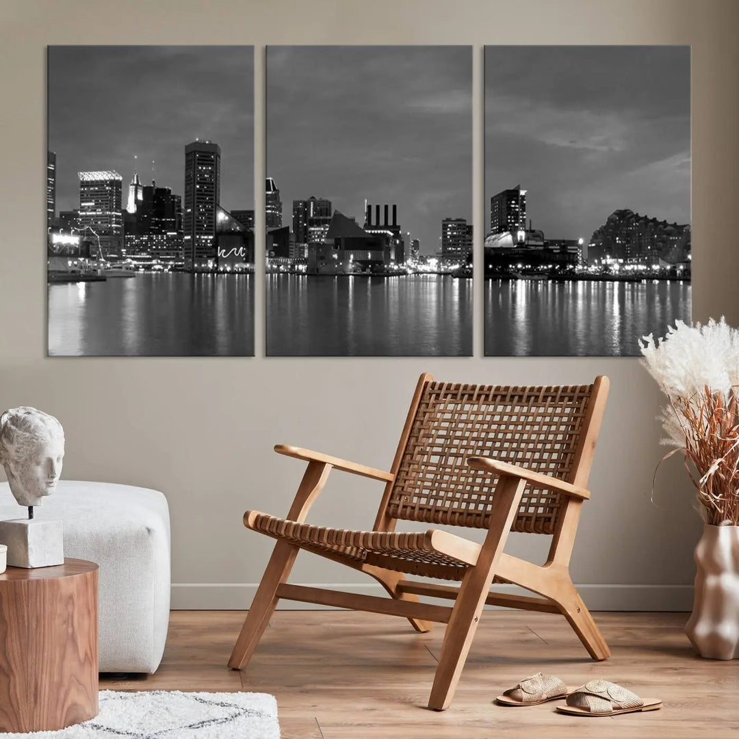 The "Baltimore City Black and White Wall Art Cityscape Canvas Print" is a stylish triptych depicting a city skyline, perfect as an elegant touch to your space. These museum-quality canvas prints are meticulously crafted with a UV-protective coating to ensure durability.