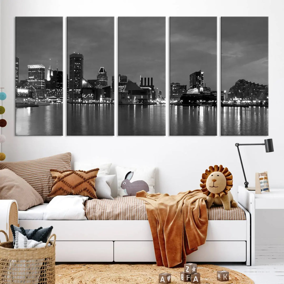 The "Baltimore City Black and White Wall Art Cityscape Canvas Print" is a stylish triptych depicting a city skyline, perfect as an elegant touch to your space. These museum-quality canvas prints are meticulously crafted with a UV-protective coating to ensure durability.