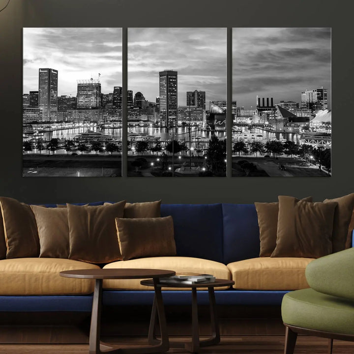 The "Baltimore City Cloudy Skyline Black and White Wall Art Canvas Print," crafted on museum-quality canvases with a UV-protective coating, elegantly adorns the dark wall. Ready to hang, it adds an elegant touch to any room.