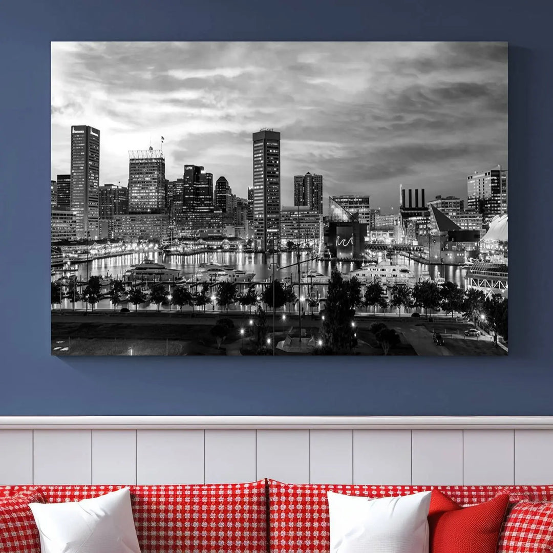 The "Baltimore City Cloudy Skyline Black and White Wall Art Canvas Print," crafted on museum-quality canvases with a UV-protective coating, elegantly adorns the dark wall. Ready to hang, it adds an elegant touch to any room.