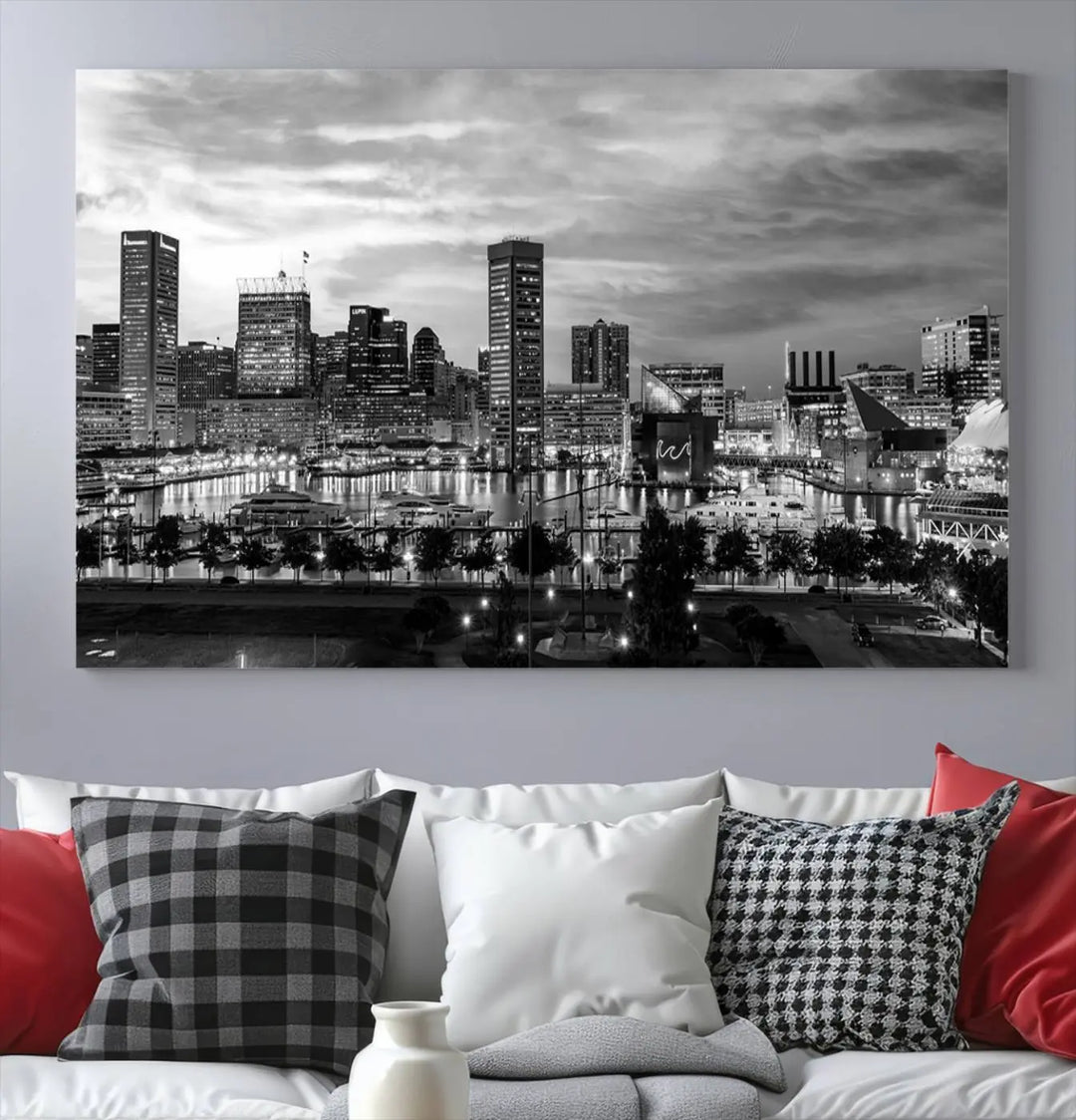 The "Baltimore City Cloudy Skyline Black and White Wall Art Canvas Print," crafted on museum-quality canvases with a UV-protective coating, elegantly adorns the dark wall. Ready to hang, it adds an elegant touch to any room.