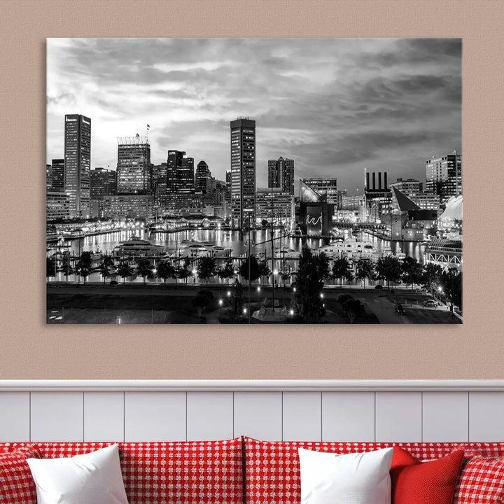 The "Baltimore City Cloudy Skyline Black and White Wall Art Canvas Print," crafted on museum-quality canvases with a UV-protective coating, elegantly adorns the dark wall. Ready to hang, it adds an elegant touch to any room.