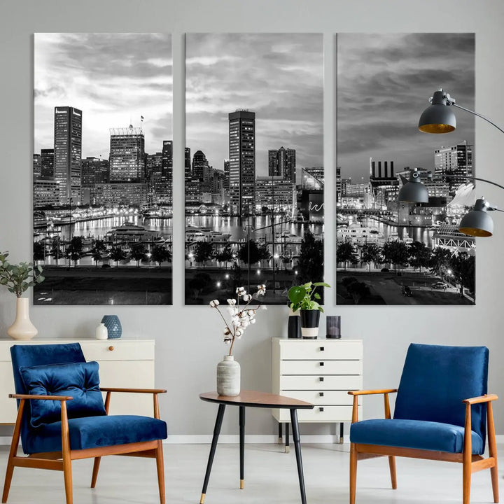 The "Baltimore City Cloudy Skyline Black and White Wall Art Canvas Print," crafted on museum-quality canvases with a UV-protective coating, elegantly adorns the dark wall. Ready to hang, it adds an elegant touch to any room.