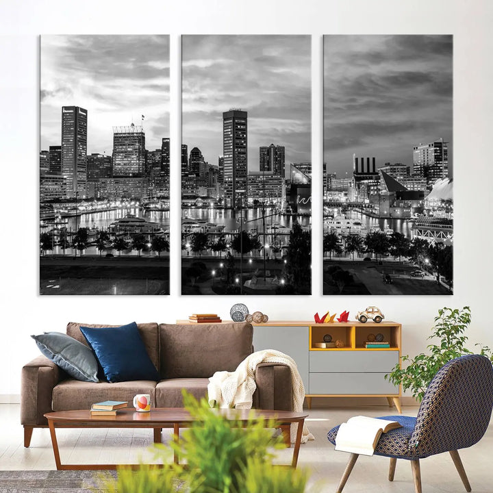 The "Baltimore City Cloudy Skyline Black and White Wall Art Canvas Print," crafted on museum-quality canvases with a UV-protective coating, elegantly adorns the dark wall. Ready to hang, it adds an elegant touch to any room.