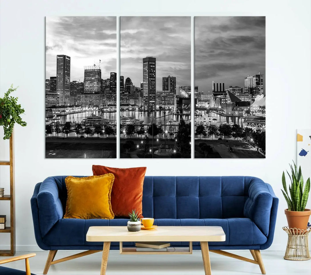 The "Baltimore City Cloudy Skyline Black and White Wall Art Canvas Print," crafted on museum-quality canvases with a UV-protective coating, elegantly adorns the dark wall. Ready to hang, it adds an elegant touch to any room.