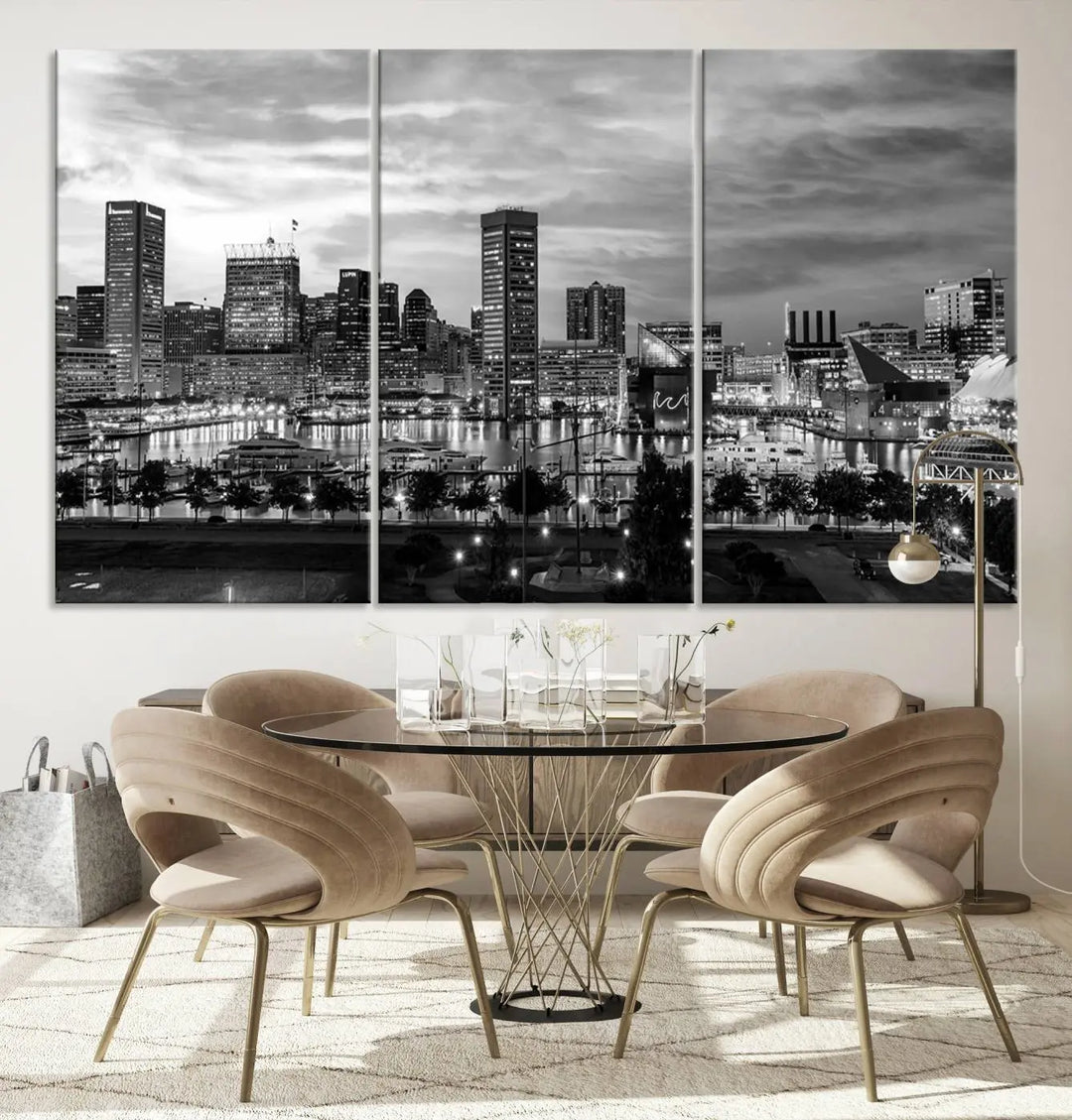 The "Baltimore City Cloudy Skyline Black and White Wall Art Canvas Print," crafted on museum-quality canvases with a UV-protective coating, elegantly adorns the dark wall. Ready to hang, it adds an elegant touch to any room.