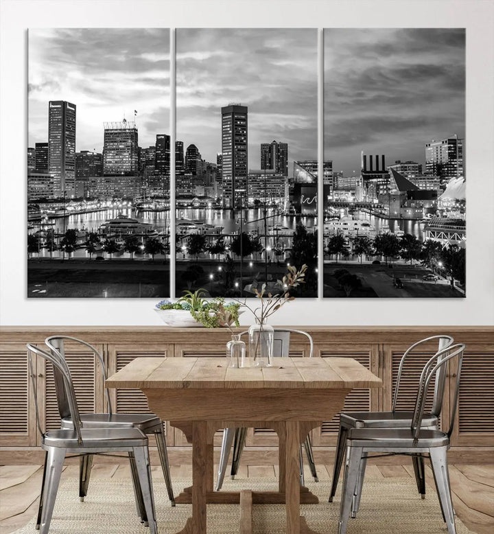 The "Baltimore City Cloudy Skyline Black and White Wall Art Canvas Print," crafted on museum-quality canvases with a UV-protective coating, elegantly adorns the dark wall. Ready to hang, it adds an elegant touch to any room.