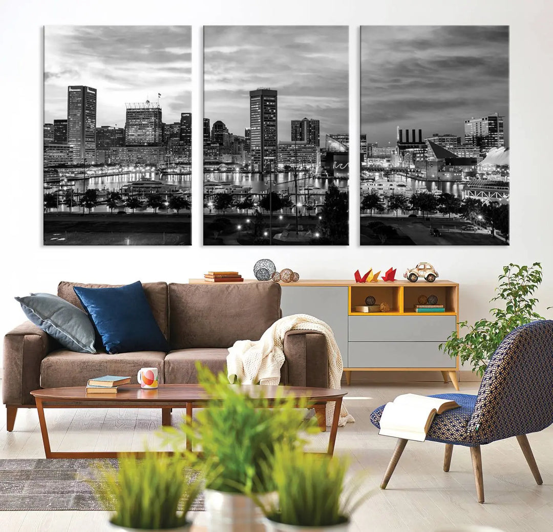 The "Baltimore City Cloudy Skyline Black and White Wall Art Canvas Print," crafted on museum-quality canvases with a UV-protective coating, elegantly adorns the dark wall. Ready to hang, it adds an elegant touch to any room.