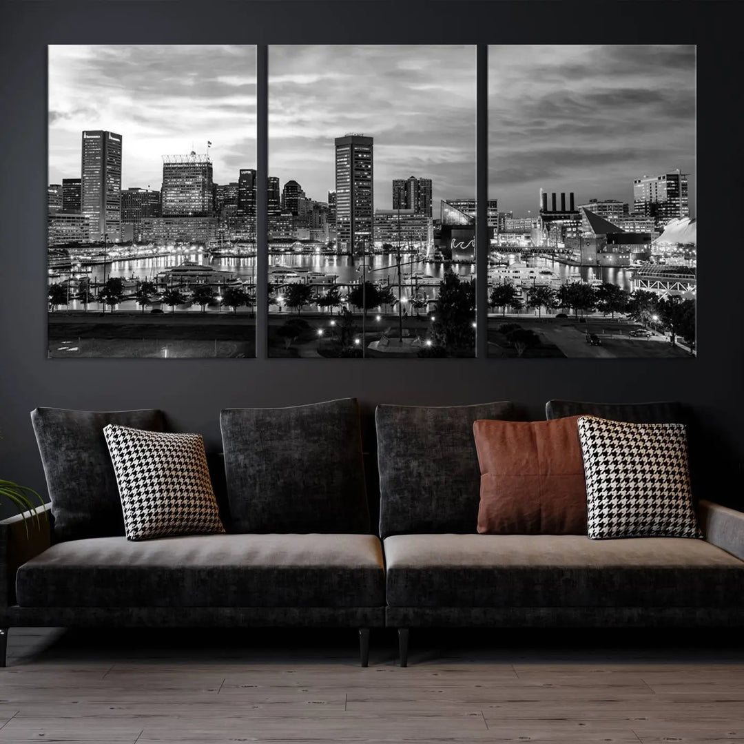 The "Baltimore City Cloudy Skyline Black and White Wall Art Canvas Print," crafted on museum-quality canvases with a UV-protective coating, elegantly adorns the dark wall. Ready to hang, it adds an elegant touch to any room.