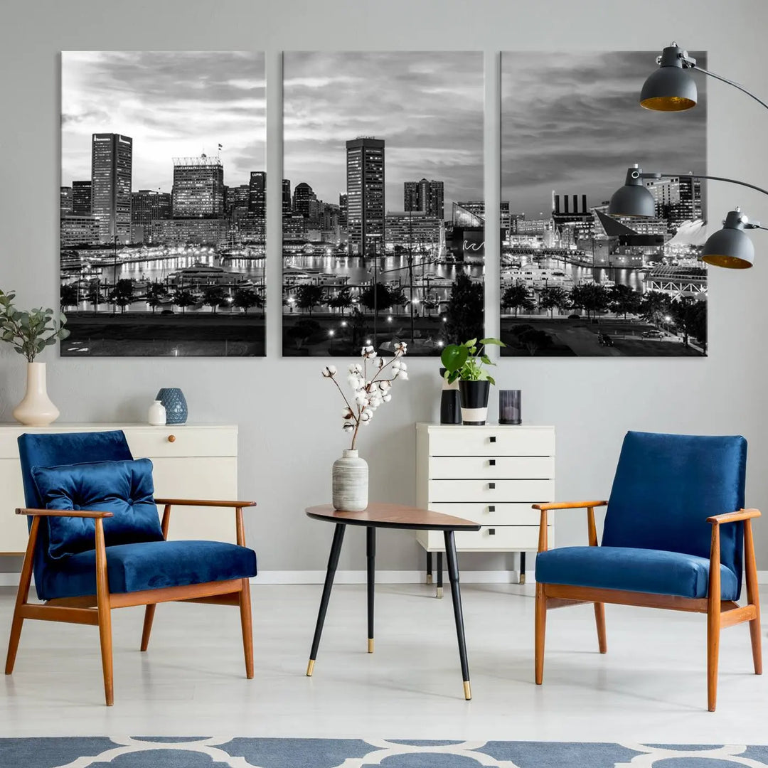 The "Baltimore City Cloudy Skyline Black and White Wall Art Canvas Print," crafted on museum-quality canvases with a UV-protective coating, elegantly adorns the dark wall. Ready to hang, it adds an elegant touch to any room.