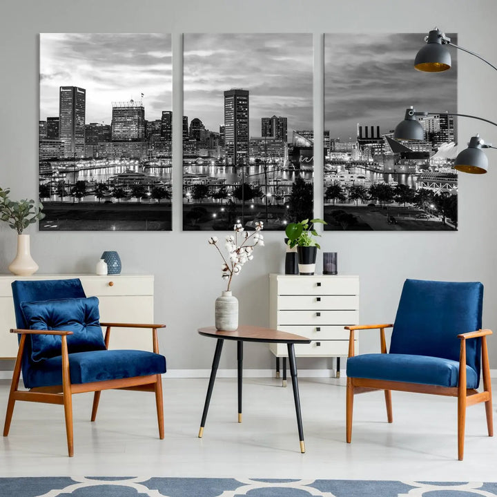 The "Baltimore City Cloudy Skyline Black and White Wall Art Canvas Print," crafted on museum-quality canvases with a UV-protective coating, elegantly adorns the dark wall. Ready to hang, it adds an elegant touch to any room.