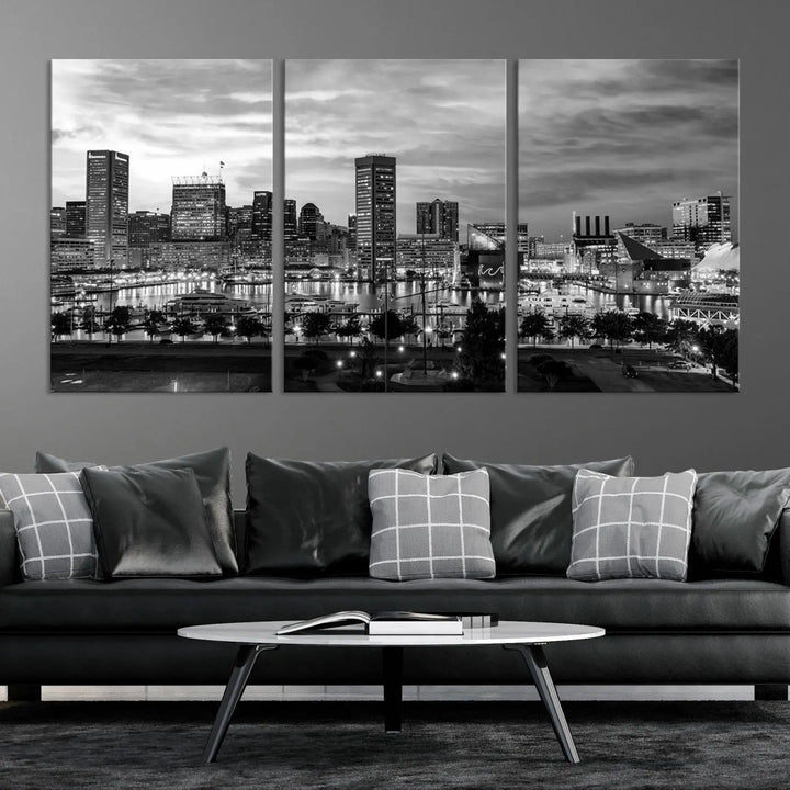 The "Baltimore City Cloudy Skyline Black and White Wall Art Canvas Print," crafted on museum-quality canvases with a UV-protective coating, elegantly adorns the dark wall. Ready to hang, it adds an elegant touch to any room.