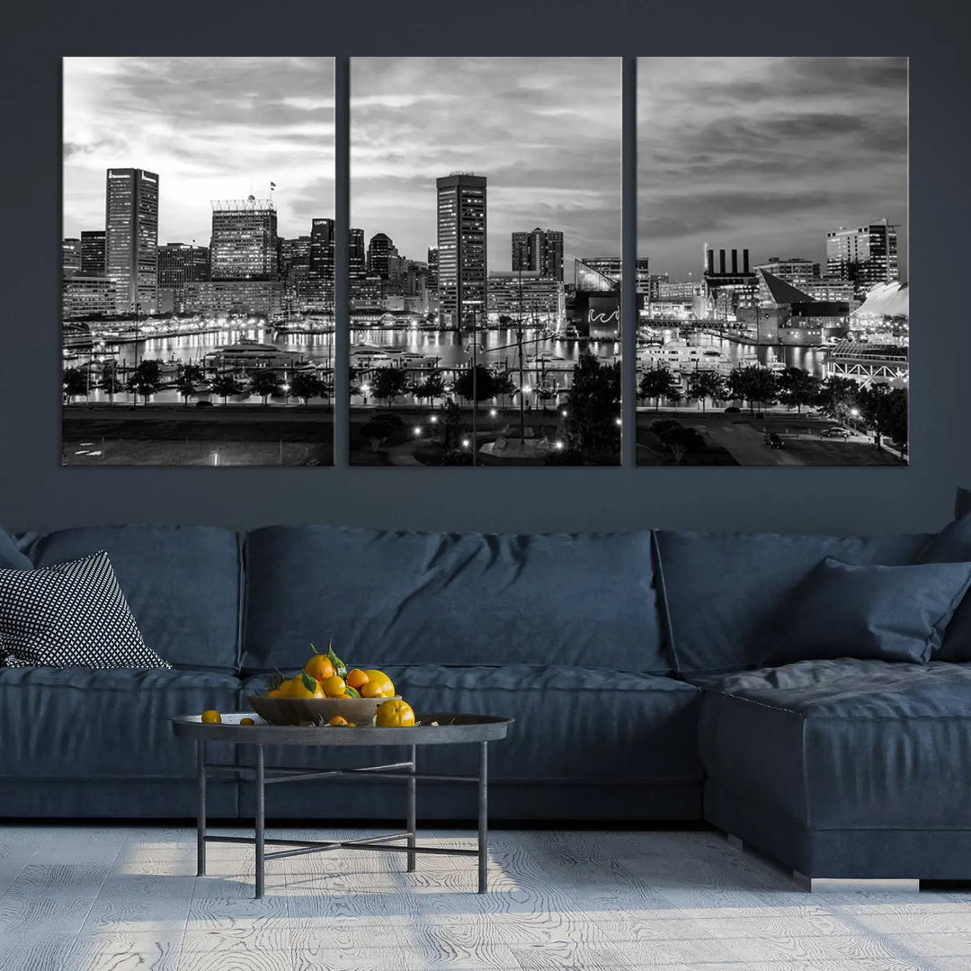 The "Baltimore City Cloudy Skyline Black and White Wall Art Canvas Print," crafted on museum-quality canvases with a UV-protective coating, elegantly adorns the dark wall. Ready to hang, it adds an elegant touch to any room.