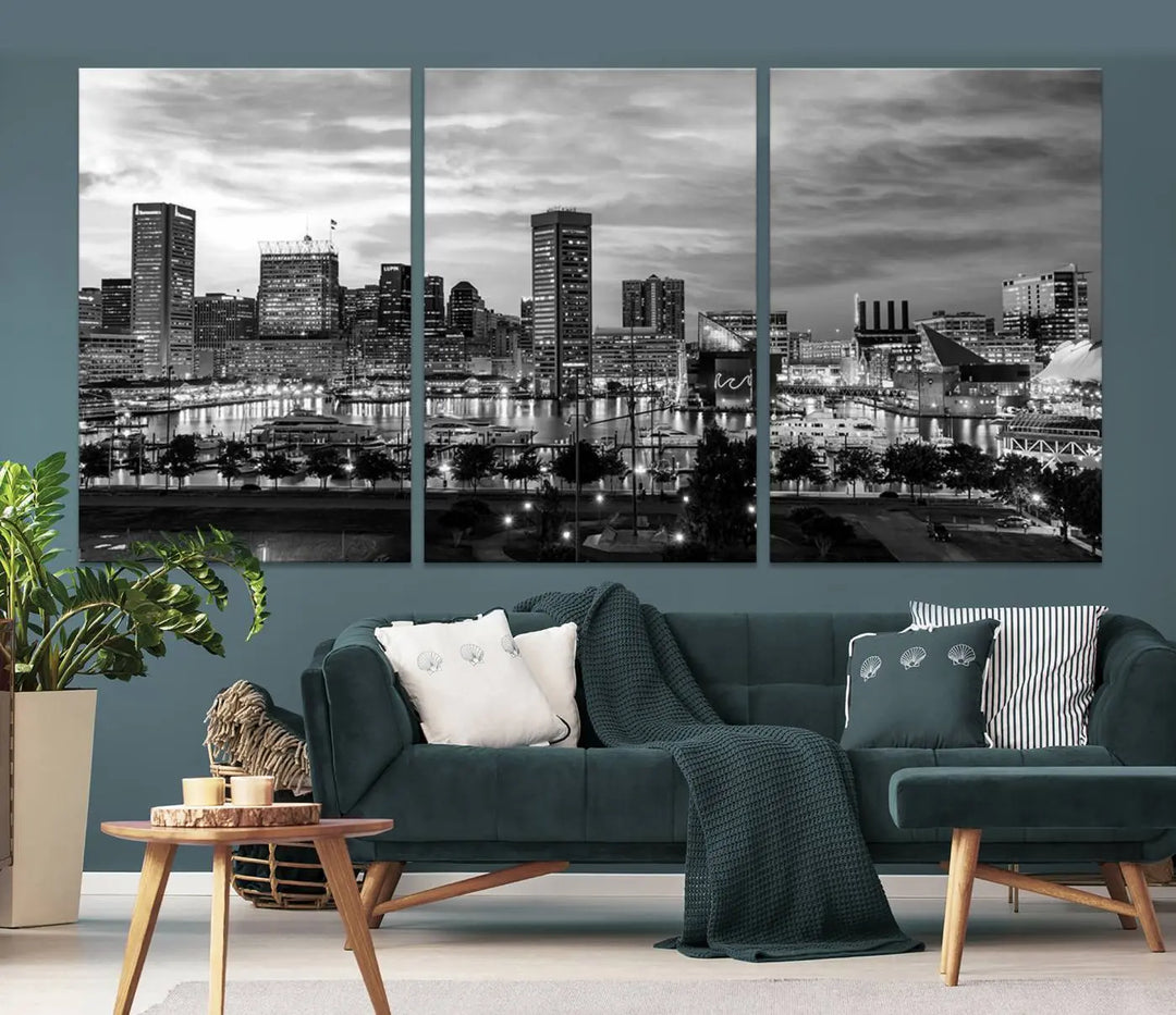 The "Baltimore City Cloudy Skyline Black and White Wall Art Canvas Print," crafted on museum-quality canvases with a UV-protective coating, elegantly adorns the dark wall. Ready to hang, it adds an elegant touch to any room.