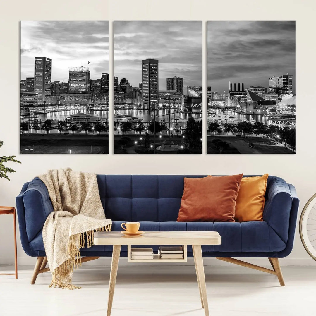 The "Baltimore City Cloudy Skyline Black and White Wall Art Canvas Print," crafted on museum-quality canvases with a UV-protective coating, elegantly adorns the dark wall. Ready to hang, it adds an elegant touch to any room.