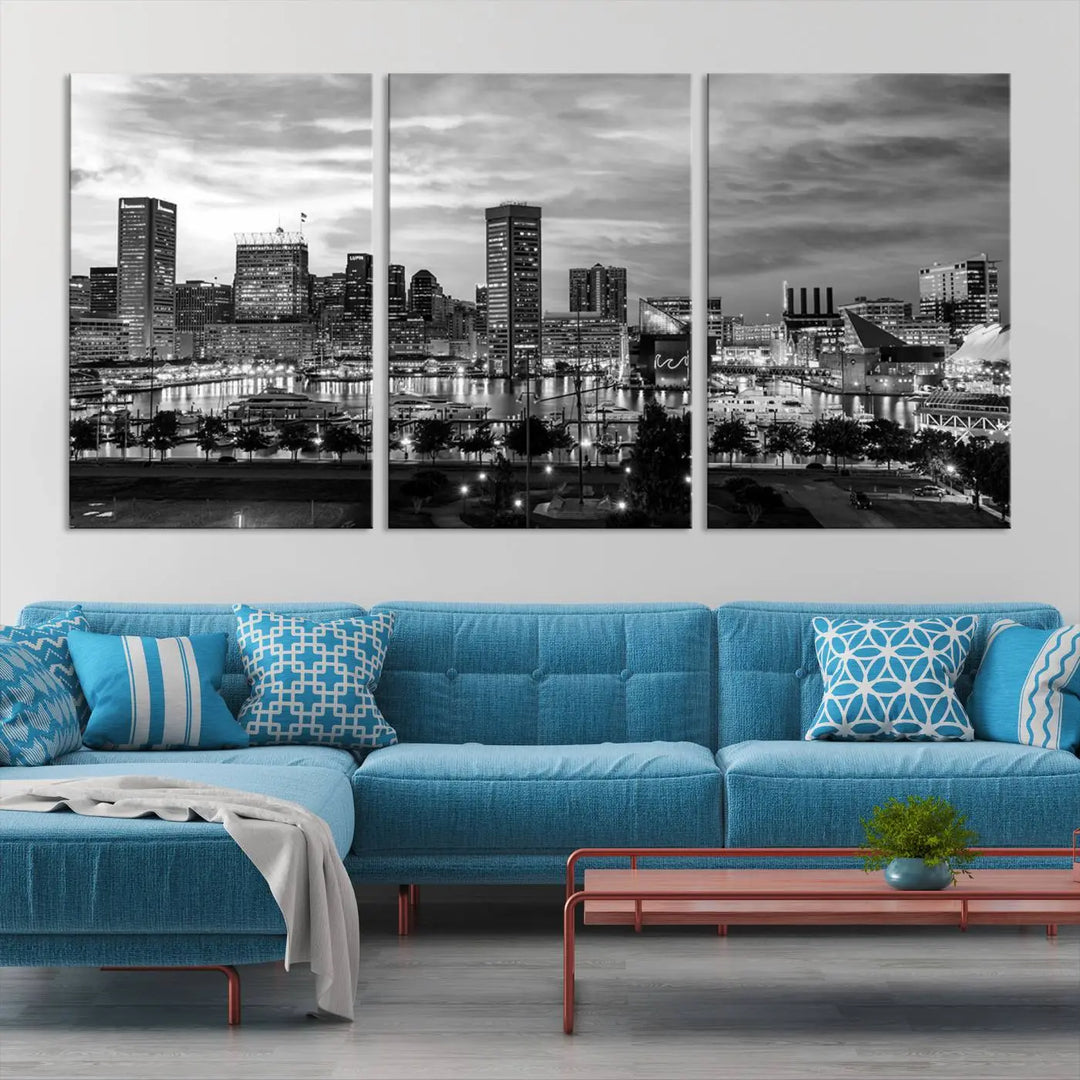 The "Baltimore City Cloudy Skyline Black and White Wall Art Canvas Print," crafted on museum-quality canvases with a UV-protective coating, elegantly adorns the dark wall. Ready to hang, it adds an elegant touch to any room.