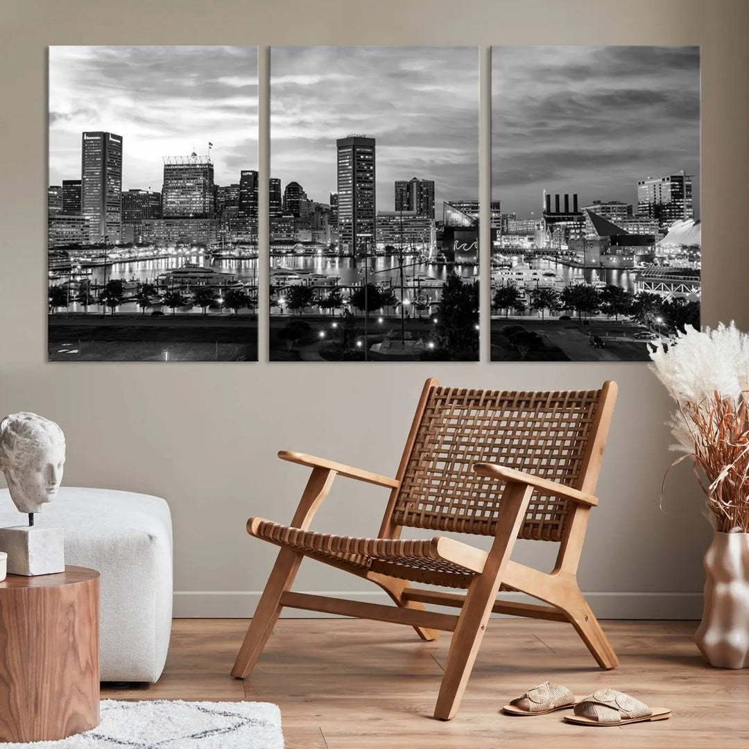 The "Baltimore City Cloudy Skyline Black and White Wall Art Canvas Print," crafted on museum-quality canvases with a UV-protective coating, elegantly adorns the dark wall. Ready to hang, it adds an elegant touch to any room.