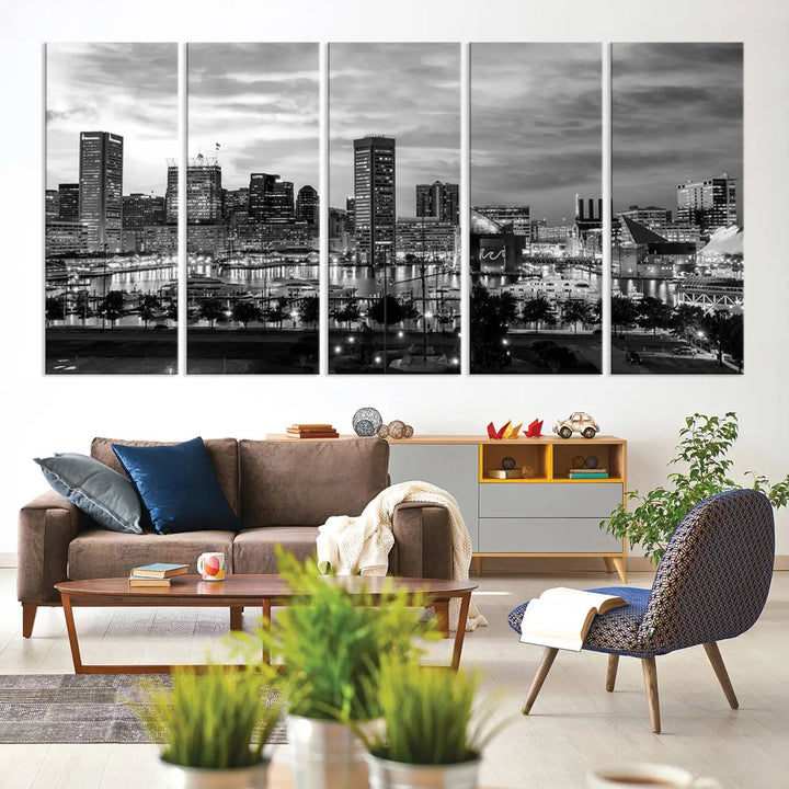 The "Baltimore City Cloudy Skyline Black and White Wall Art Canvas Print," crafted on museum-quality canvases with a UV-protective coating, elegantly adorns the dark wall. Ready to hang, it adds an elegant touch to any room.