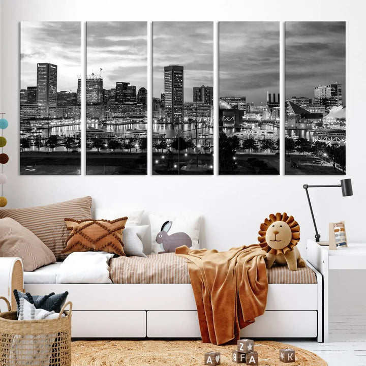 The "Baltimore City Cloudy Skyline Black and White Wall Art Canvas Print," crafted on museum-quality canvases with a UV-protective coating, elegantly adorns the dark wall. Ready to hang, it adds an elegant touch to any room.