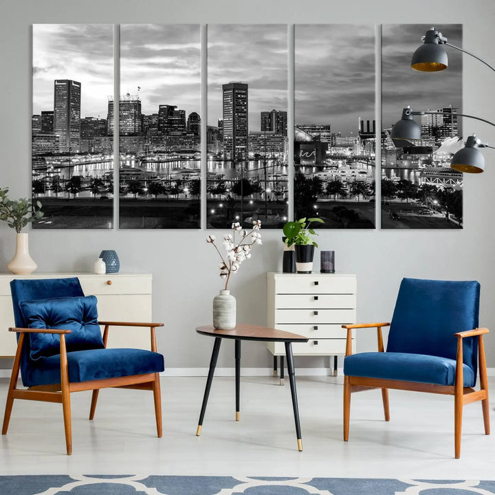 The "Baltimore City Cloudy Skyline Black and White Wall Art Canvas Print," crafted on museum-quality canvases with a UV-protective coating, elegantly adorns the dark wall. Ready to hang, it adds an elegant touch to any room.