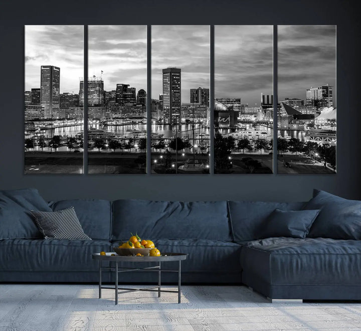 The "Baltimore City Cloudy Skyline Black and White Wall Art Canvas Print," crafted on museum-quality canvases with a UV-protective coating, elegantly adorns the dark wall. Ready to hang, it adds an elegant touch to any room.