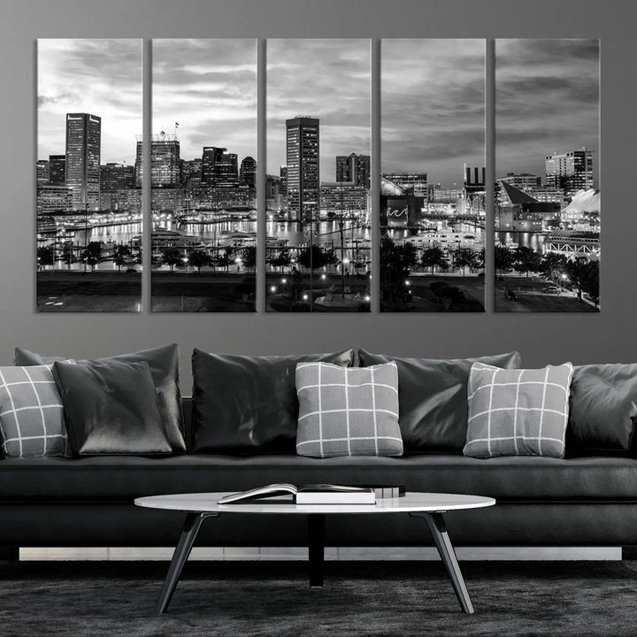 The "Baltimore City Cloudy Skyline Black and White Wall Art Canvas Print," crafted on museum-quality canvases with a UV-protective coating, elegantly adorns the dark wall. Ready to hang, it adds an elegant touch to any room.