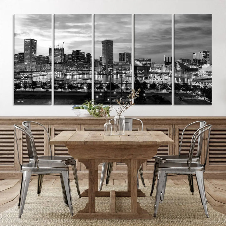 The "Baltimore City Cloudy Skyline Black and White Wall Art Canvas Print," crafted on museum-quality canvases with a UV-protective coating, elegantly adorns the dark wall. Ready to hang, it adds an elegant touch to any room.