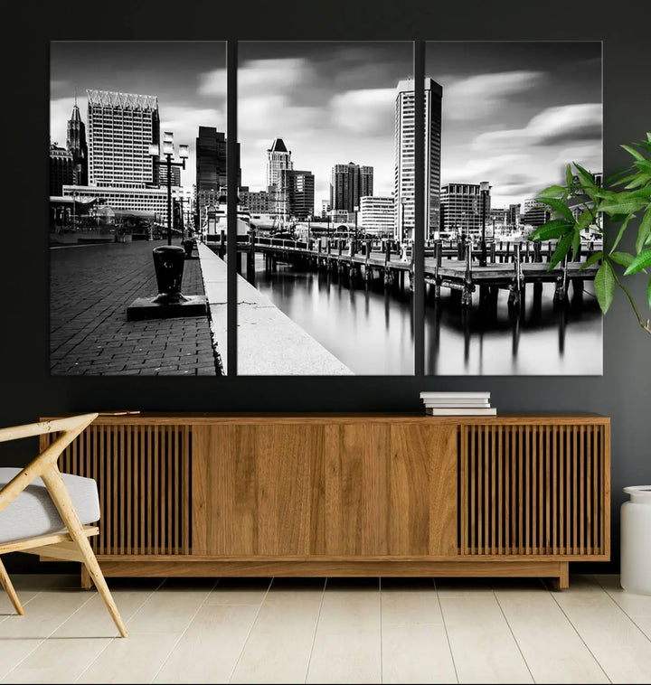 The Baltimore City Cloudy Skyline Black and White Wall Art Cityscape Canvas Print, crafted with museum-quality standards and a UV-protective coating, showcases timeless elegance by professional craftsmen.