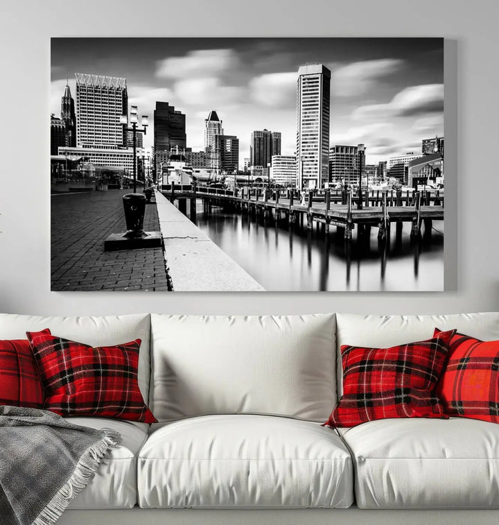 The Baltimore City Cloudy Skyline Black and White Wall Art Cityscape Canvas Print, crafted with museum-quality standards and a UV-protective coating, showcases timeless elegance by professional craftsmen.