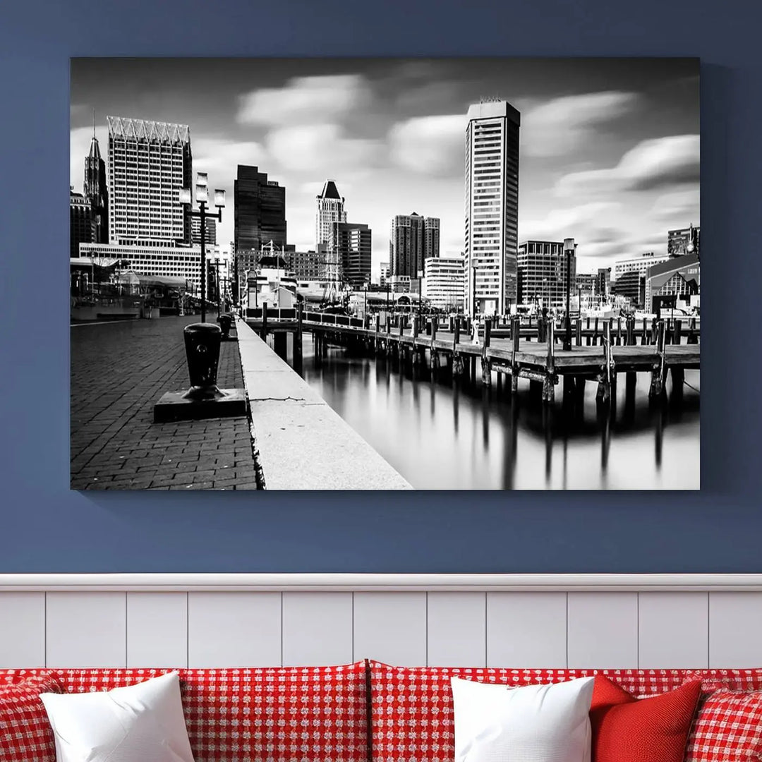 The Baltimore City Cloudy Skyline Black and White Wall Art Cityscape Canvas Print, crafted with museum-quality standards and a UV-protective coating, showcases timeless elegance by professional craftsmen.