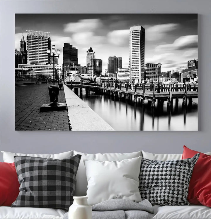 The Baltimore City Cloudy Skyline Black and White Wall Art Cityscape Canvas Print, crafted with museum-quality standards and a UV-protective coating, showcases timeless elegance by professional craftsmen.