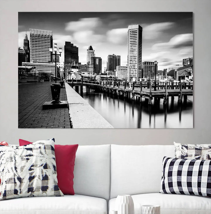 The Baltimore City Cloudy Skyline Black and White Wall Art Cityscape Canvas Print, crafted with museum-quality standards and a UV-protective coating, showcases timeless elegance by professional craftsmen.