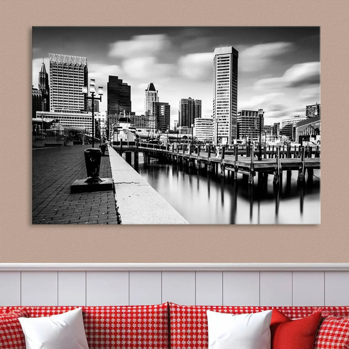 The Baltimore City Cloudy Skyline Black and White Wall Art Cityscape Canvas Print, crafted with museum-quality standards and a UV-protective coating, showcases timeless elegance by professional craftsmen.