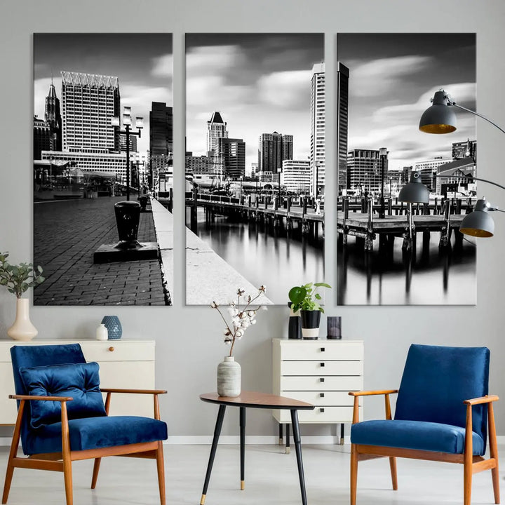 The Baltimore City Cloudy Skyline Black and White Wall Art Cityscape Canvas Print, crafted with museum-quality standards and a UV-protective coating, showcases timeless elegance by professional craftsmen.