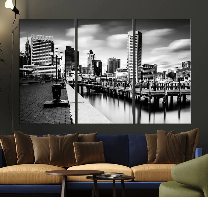 The Baltimore City Cloudy Skyline Black and White Wall Art Cityscape Canvas Print, crafted with museum-quality standards and a UV-protective coating, showcases timeless elegance by professional craftsmen.